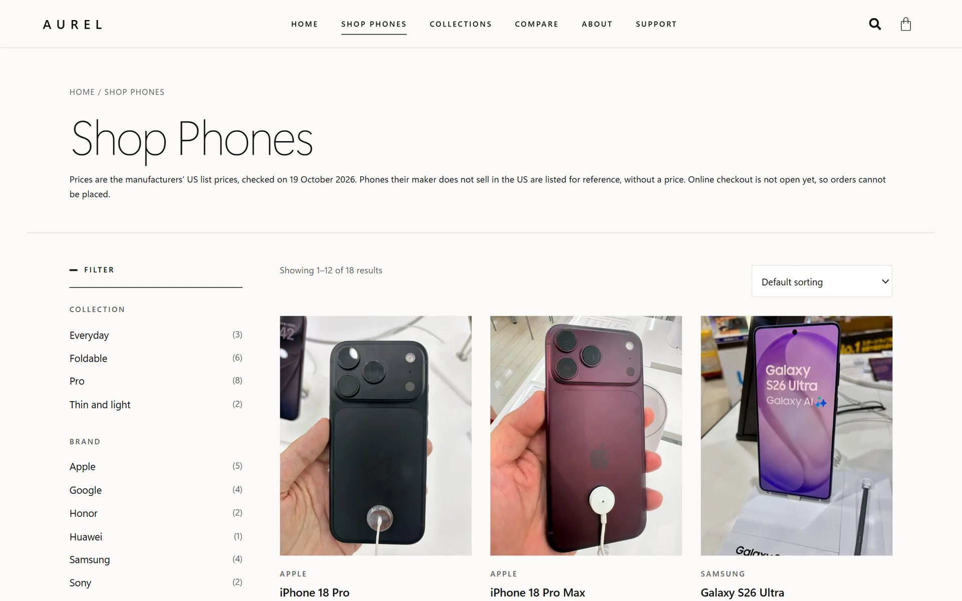 AUREL shop page with filters