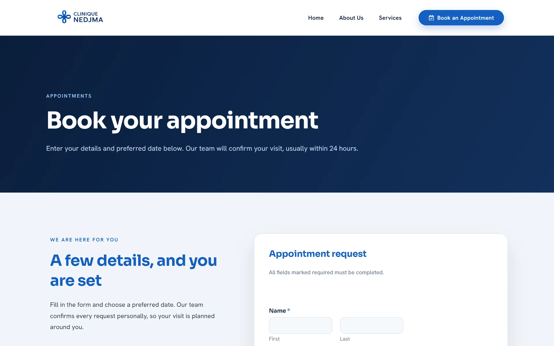 Clinique Nedjma appointment booking page